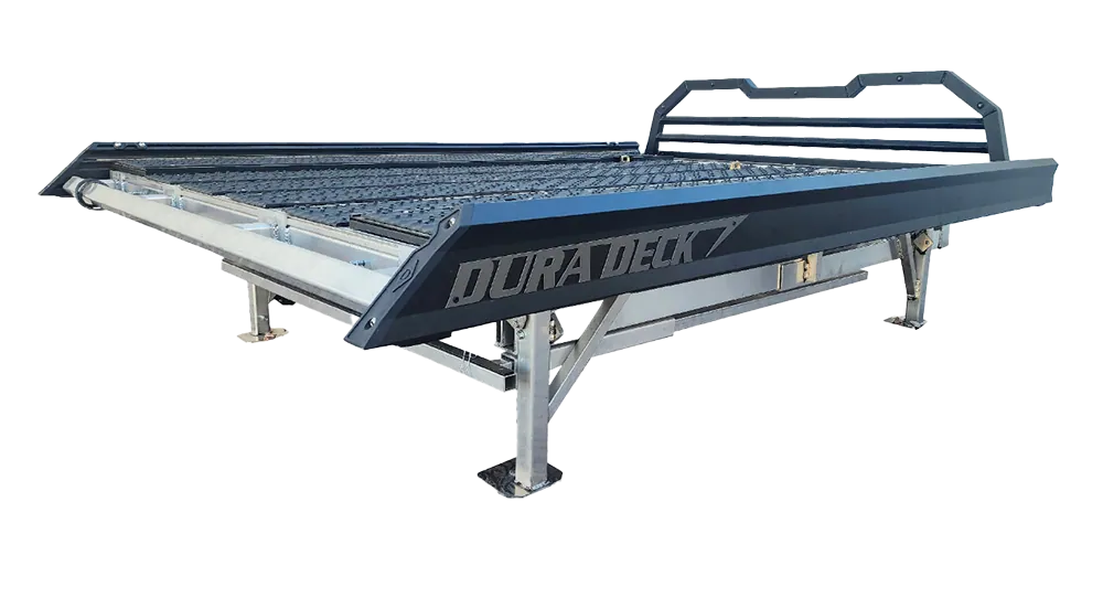 Dura Deck Platinum aluminum sled deck with headache rack, shown off the truck